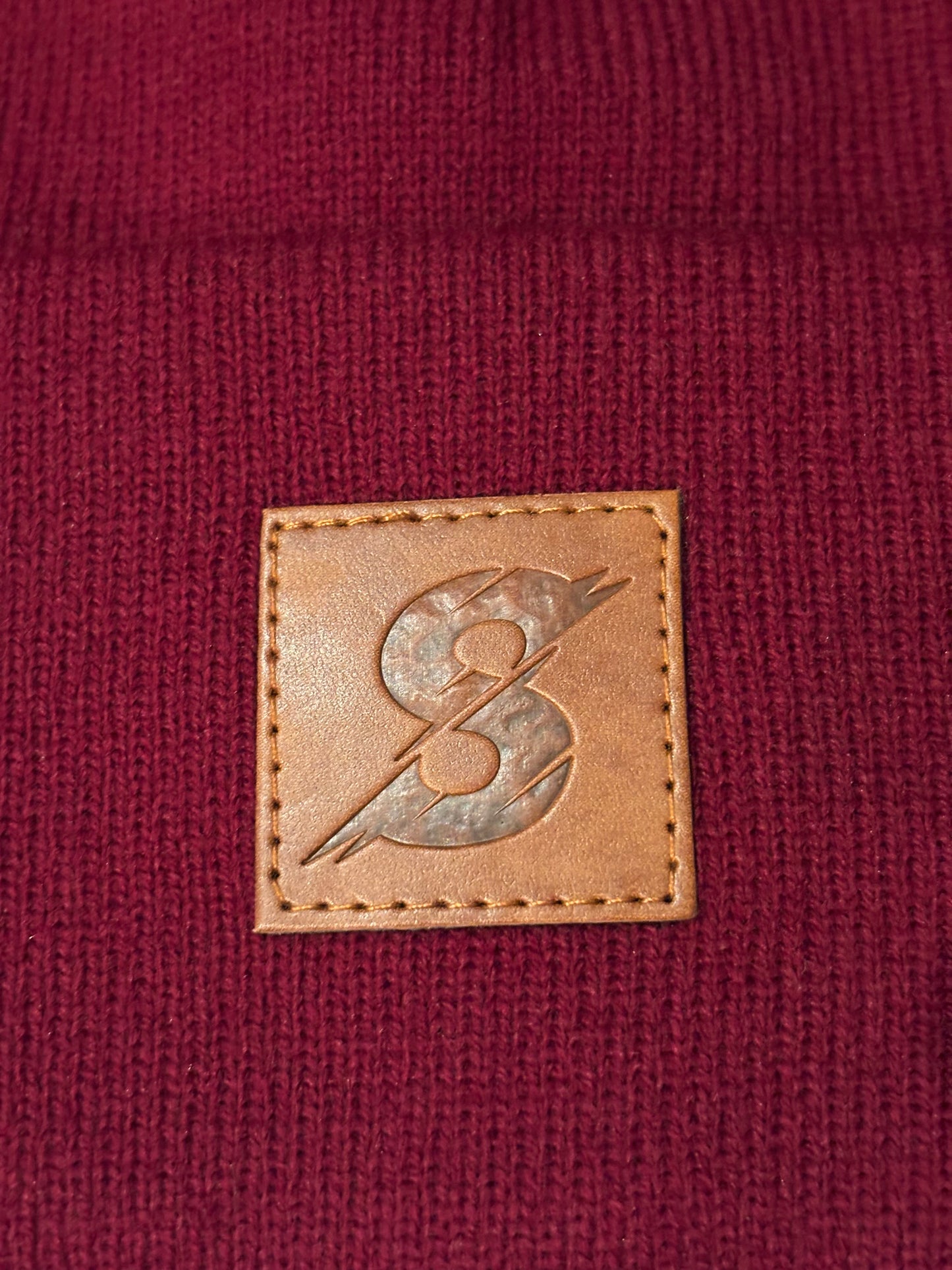 Leather Patch Burgundy Red Beanie Hat