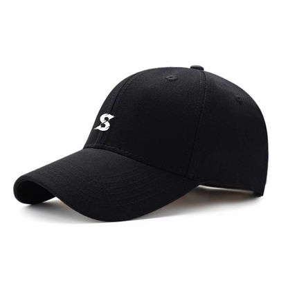 A black baseball cap with a white 'S' embroidered on the front.