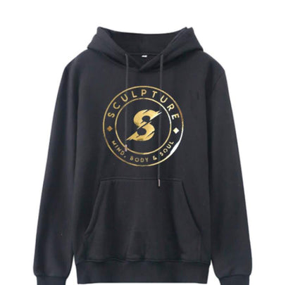 Black hoodie with golden text 'SCULPTURE' on the front and 'mind, body & soul' on the sleeve, with a hood and kangaroo pockets.
