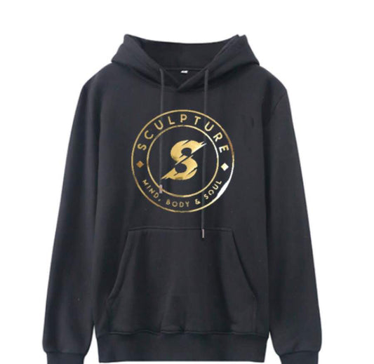 Black hoodie with golden text 'SCULPTURE' on the front and 'mind, body & soul' on the sleeve, with a hood and kangaroo pockets.